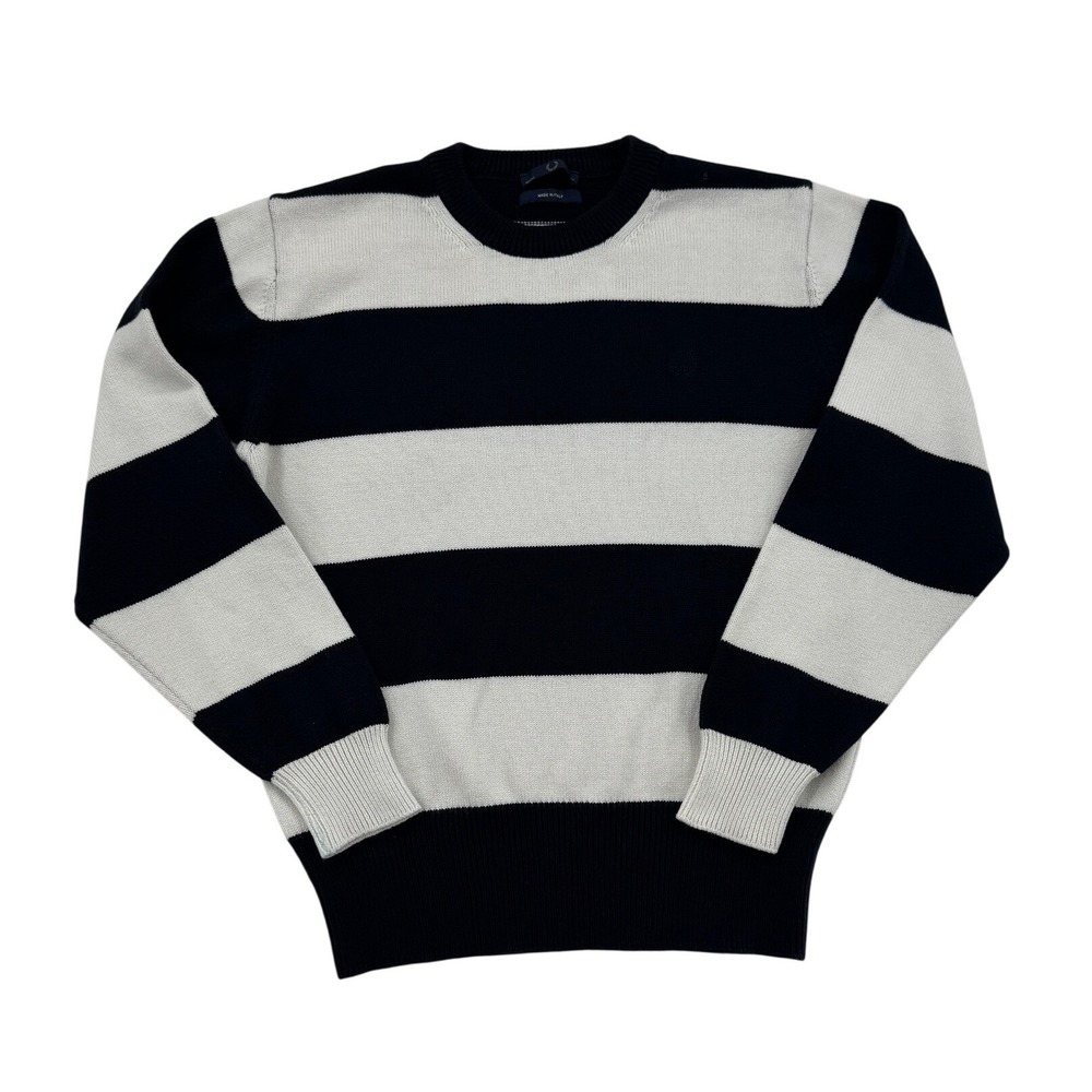 Fred Perry Sweater Mens 42 Black White Excellent Striped Crew Neck Italy 109833